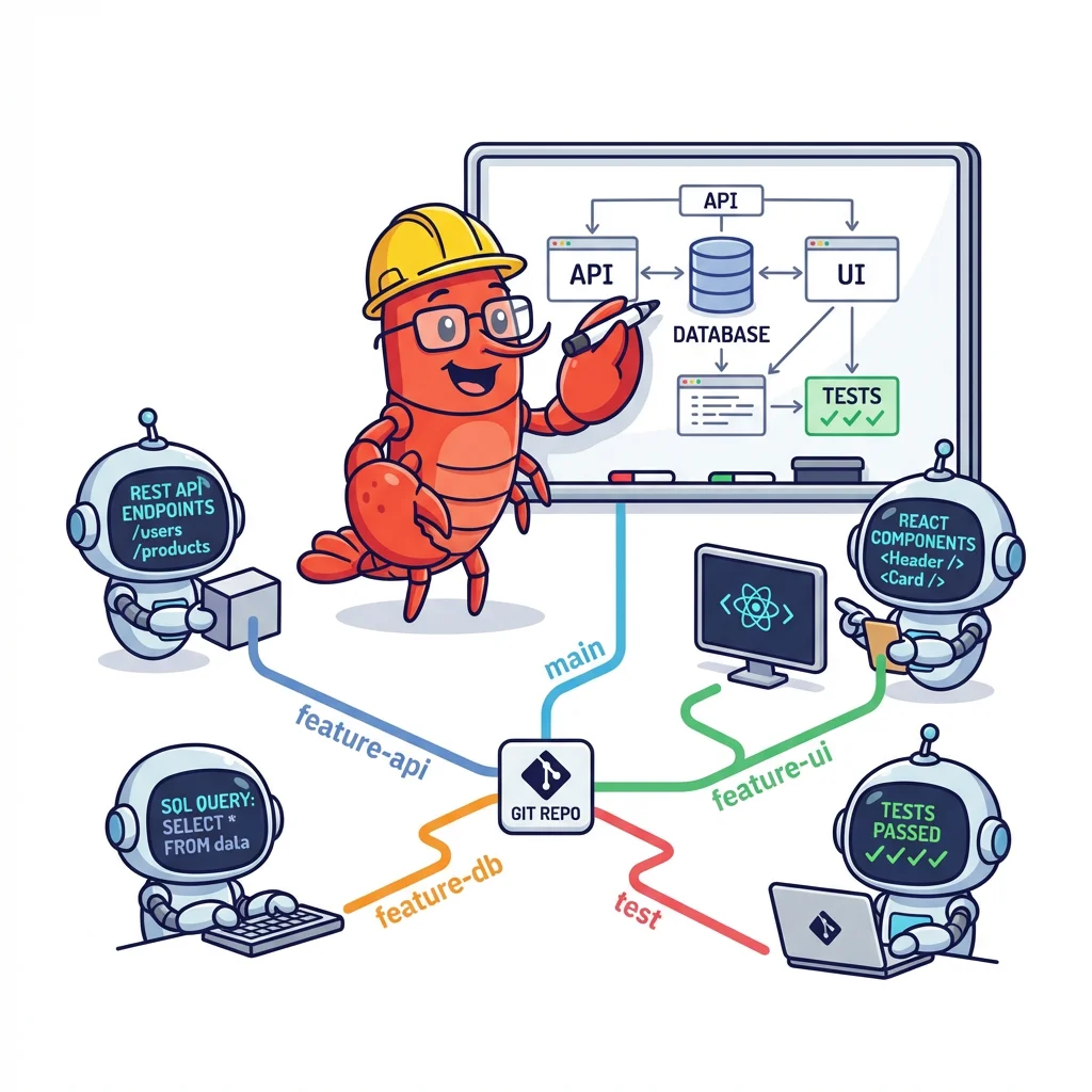 ClawTeam 软件开发场景——Leader 在白板画架构，Worker 各在独立 git 分支工作